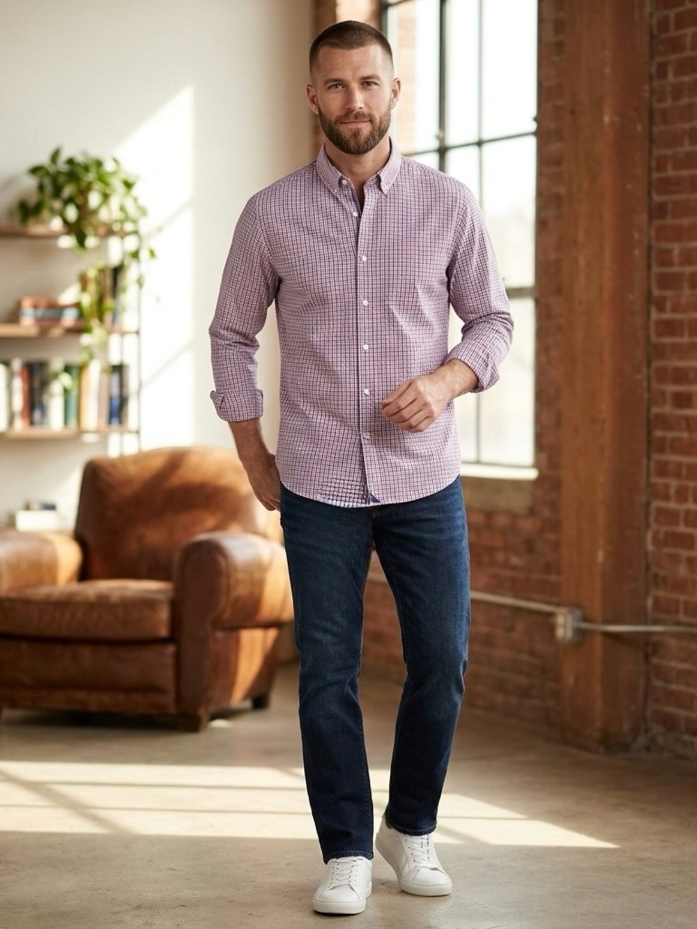 UNTUCKit Richardson Long-Sleeve Button-Down Shirt in Pink, Gray Gingham Medium